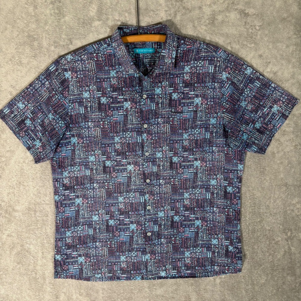 Tori Richard Mens Large Aloha Shirt Geometric Abstract Blue Purple Short Sleeve